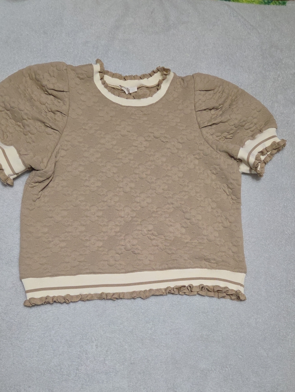 Entro Taupe Floral Textured Puff-Sleeve Top with Contrast Trim